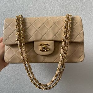 SOLD!! Authentic Vintage 24k Classic Chanel Double Flap Beige Quilted Lambskin …